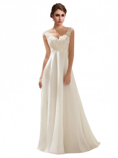 Low Back Soft Chiffon & Lace V-Neck Sweep Train Sleeveless Wedding Dress Norwich