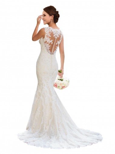 White Lace V-Neck Chapel Train Sleeveless Wedding Dress Norwich