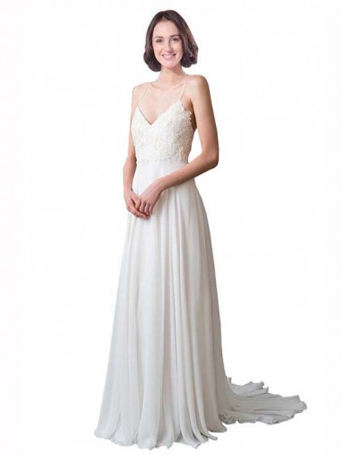 Soft Chiffon & Lace Spaghetti Straps Chapel Train Sleeveless Beach Wedding Dress Norwich