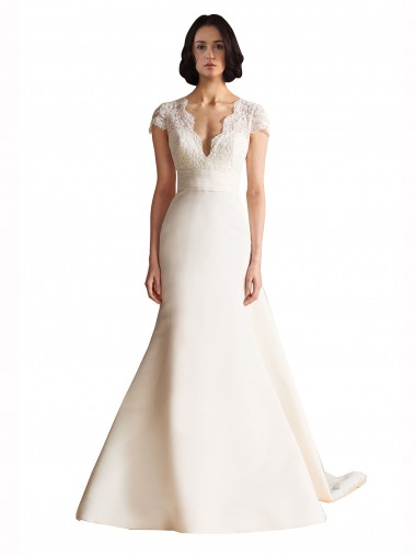 Keyhole Back Satin V-Neck Chapel Train Cap Sleeves Wedding Dress Norwich