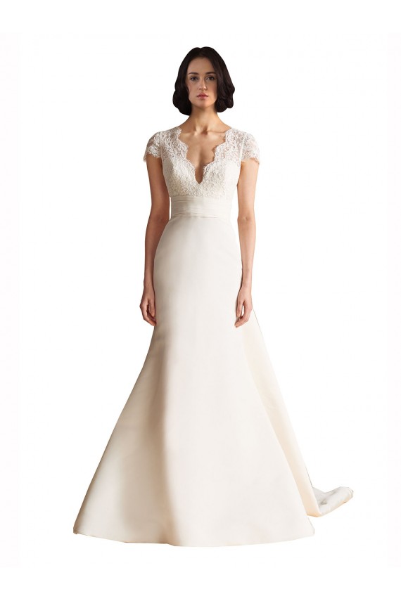 Keyhole Back Satin V-Neck Chapel Train Cap Sleeves Wedding Dress Norwich