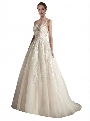 Ivory & Champagne Tulle Illusion Neck Chapel Train Sleeveless Wedding Dress Norwich