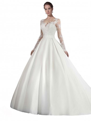 Satin & Lace Illusion Neck Cathedral Train Long Sleeves Wedding Dress Norwich