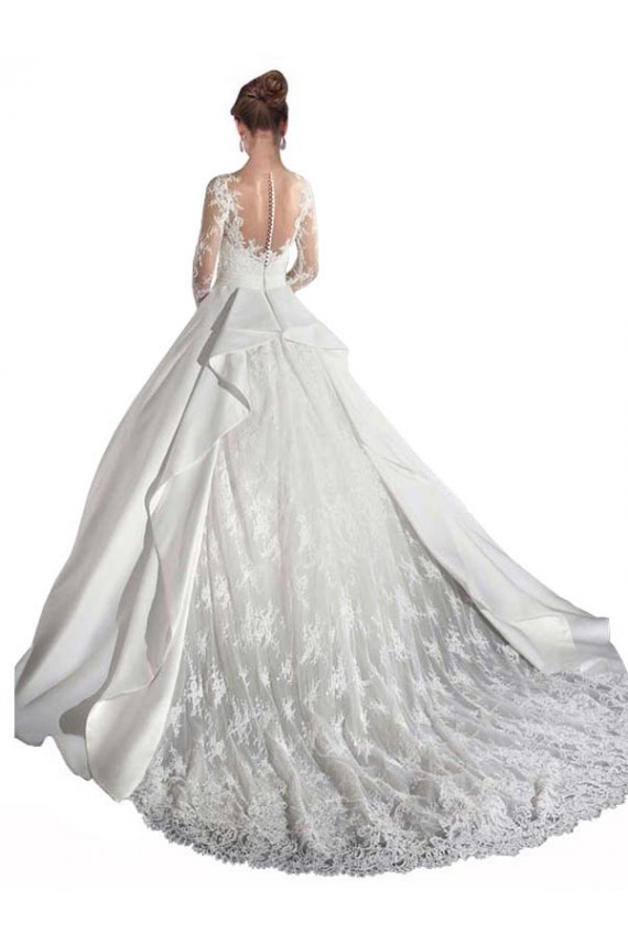 Satin & Lace Illusion Neck Cathedral Train Long Sleeves Wedding Dress Norwich