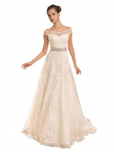 Ivory Lace Off the Shoulder Chapel Train Sleeveless Beach Wedding Dress Norwich