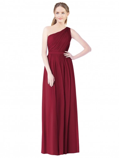 Burgundy Soft Chiffon One Shoulder Long Sleeveless Bridesmaid Gown Norwich