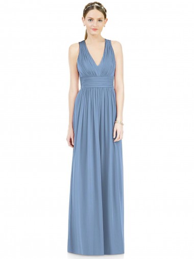 Dusty Blue Chiffon V-Neck Long Sleeveless Bridesmaid Gowns Norwich