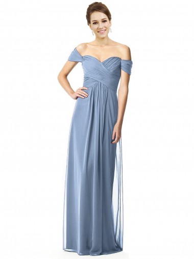 Dusty Blue Soft Chiffon Off the Shoulder Long Cap Sleeves Bridesmaid Dress Norwich