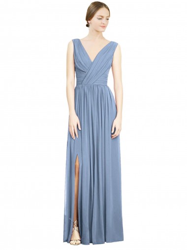 Dusty Blue Soft Chiffon V-Neck Long Sleeveless Semi Formal Evening Dress / Bridesmaid Dress Norwich