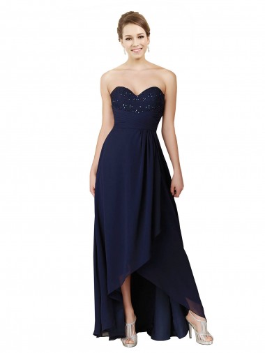 Dark Navy Soft Chiffon Sweetheart Long Sleeveless High Low Bridesmaid Dress Norwich