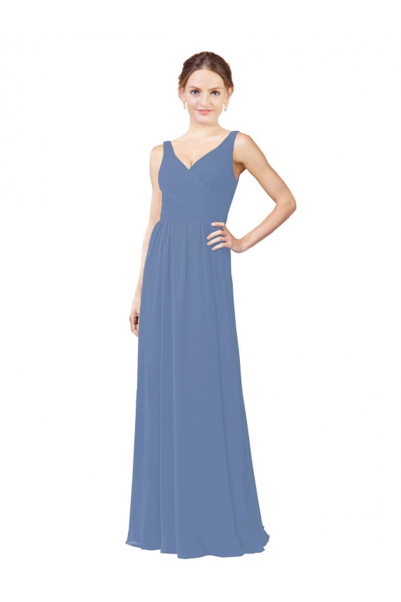 Windsor Blue Soft Chiffon V-Neck Long Sleeveless Bridal Party Dress Norwich