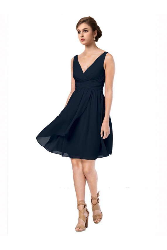 Dark Navy Soft Chiffon V-Neck Knee Length Sleeveless Bridesmaid Dress Norwich