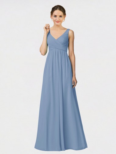 Dusty Blue Soft Chiffon Spaghetti Straps Long Sleeveless Bridesmaid Gown Norwich