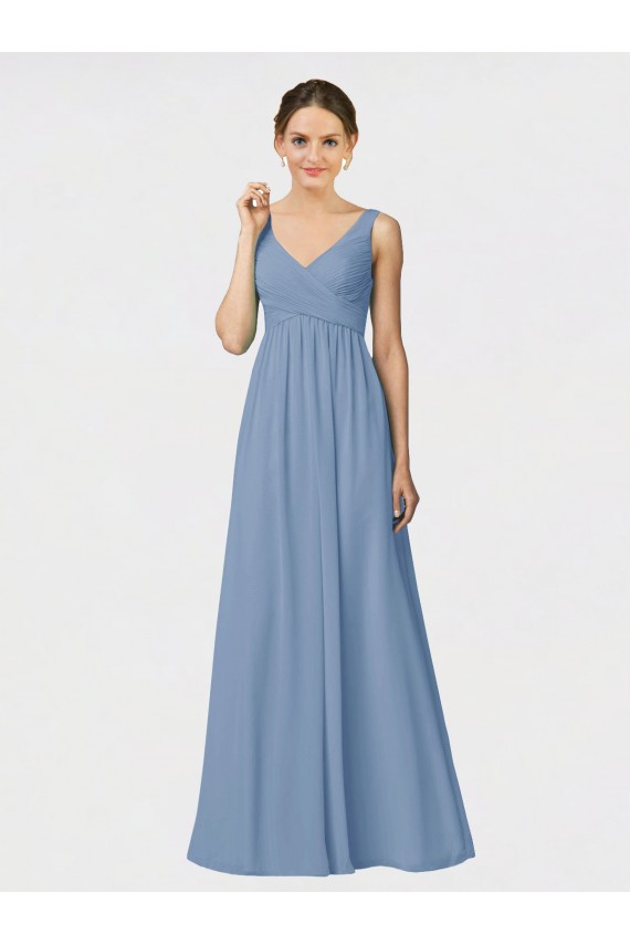 Dusty Blue Soft Chiffon Spaghetti Straps Long Sleeveless Bridesmaid Gown Norwich