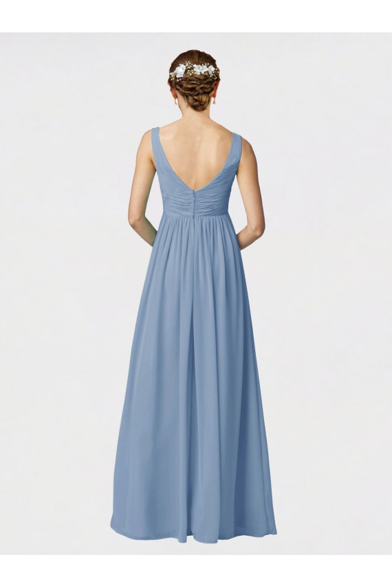 Dusty Blue Soft Chiffon Spaghetti Straps Long Sleeveless Bridesmaid Gown Norwich