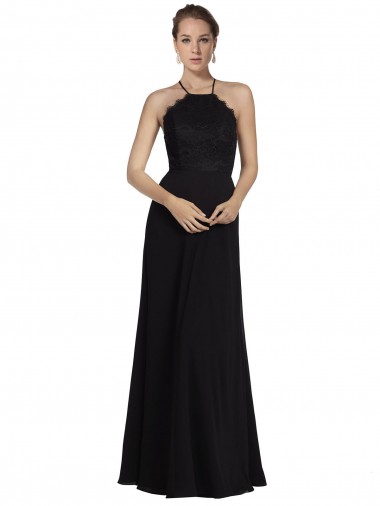 Keyhole Back Soft Chiffon & Lace Halter Neck Long Sleeveless Bridesmaid Gown Norwich