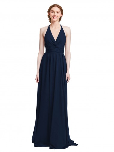 Dark Navy Chiffon Halter Neck Long Sleeveless Formal Dress / Bridesmaid Dress Norwich