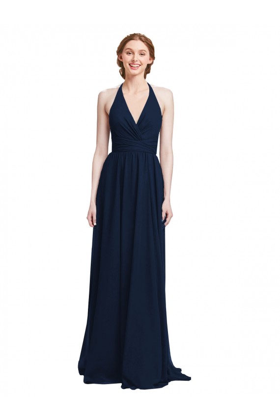 Dark Navy Chiffon Halter Neck Long Sleeveless Formal Dress / Bridesmaid Dress Norwich