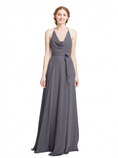 Slate Grey Soft Chiffon Spaghetti Straps Long Sleeveless Bridesmaid Dress Norwich