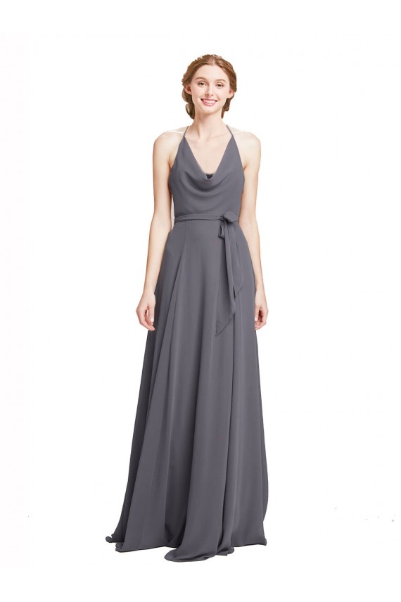Slate Grey Soft Chiffon Spaghetti Straps Long Sleeveless Bridesmaid Dress Norwich