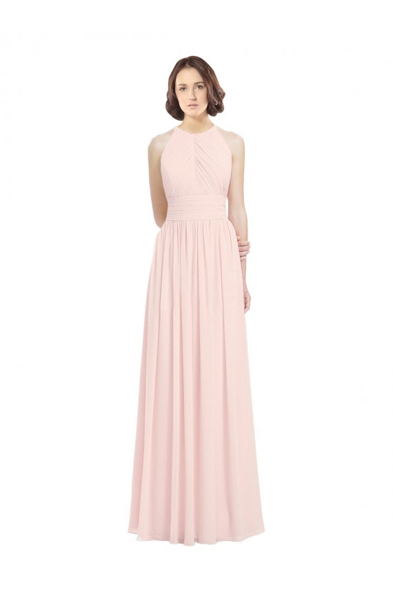 Keyhole Back Pink Soft Chiffon Halter Neck Long Sleeveless Bridesmaid Dress Norwich