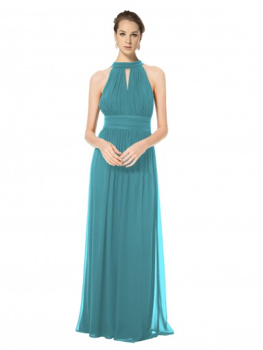 Keyhole Back Hunter Soft Chiffon Halter Neck Long Sleeveless Bridesmaid Dress Norwich