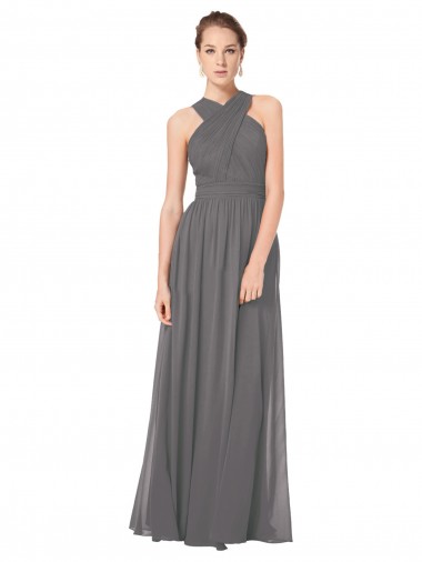Keyhole Back Stormy Silver Soft Chiffon Halter Neck Long Sleeveless Bridesmaid Dress Norwich