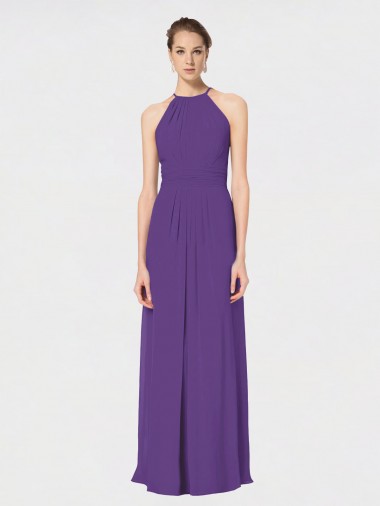Open Back Plum Purple Soft Chiffon Spaghetti Straps Long Sleeveless Bridesmaid Dress Norwich