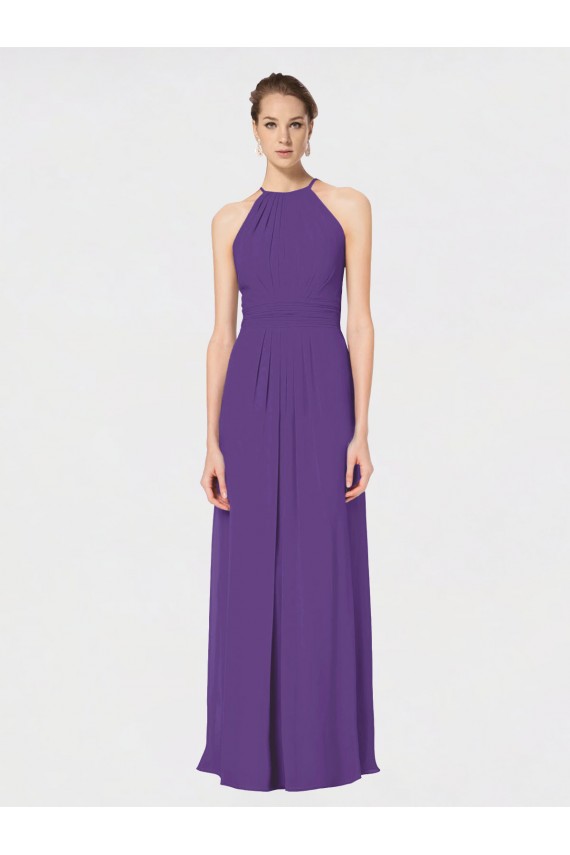 Open Back Plum Purple Soft Chiffon Spaghetti Straps Long Sleeveless Bridesmaid Dress Norwich