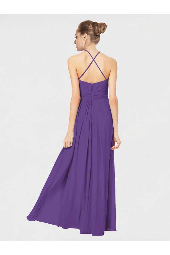 Open Back Plum Purple Soft Chiffon Spaghetti Straps Long Sleeveless Bridesmaid Dress Norwich