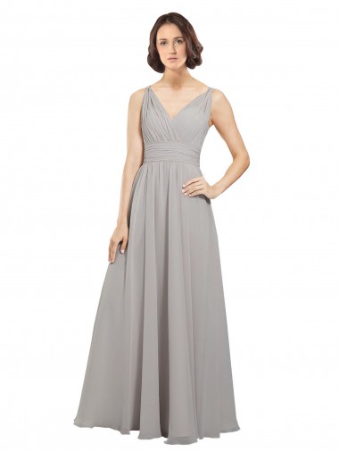V-Back Oyster Silver Soft Chiffon V-Neck Long Sleeveless Bridesmaid Dress Norwich
