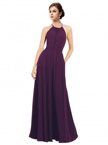Keyhole Back Grape Chiffon Halter Neck Long Sleeveless Bridesmaid Dress / Evening Dress Norwich