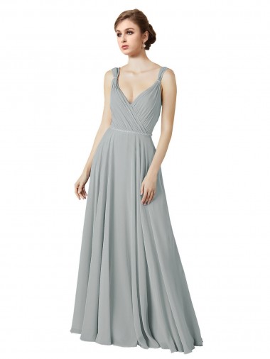 Silver Chiffon V-Neck Long Sleeveless Bridesmaid Dress / Evening Dress Norwich