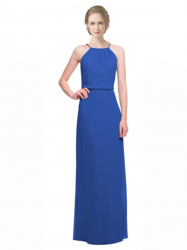 Low Back Blue Soft Chiffon Spaghetti Straps Long Sleeveless Bridesmaid Dress Norwich