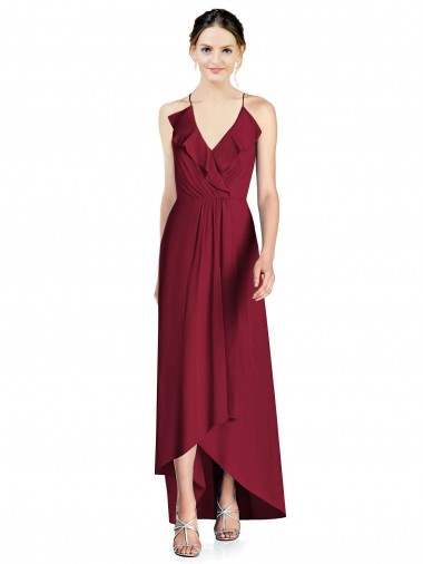 Open Back Burgundy Soft Chiffon Spaghetti Straps Long Sleeveless High Low Bridesmaid Dress Norwich