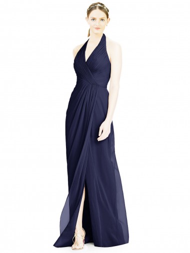 Open Back Dark Navy Soft Chiffon Halter Neck Long Sleeveless Formal Dress / Bridesmaid Dress Norwich