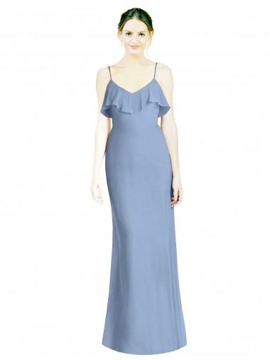 Open Back Dusty Blue Soft Chiffon Spaghetti Straps Long Sleeveless Bridesmaid Dresses Norwich