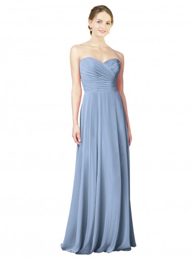Low Back Dusty Blue Chiffon Sweetheart Long Sleeveless Wedding Party Dress Norwich