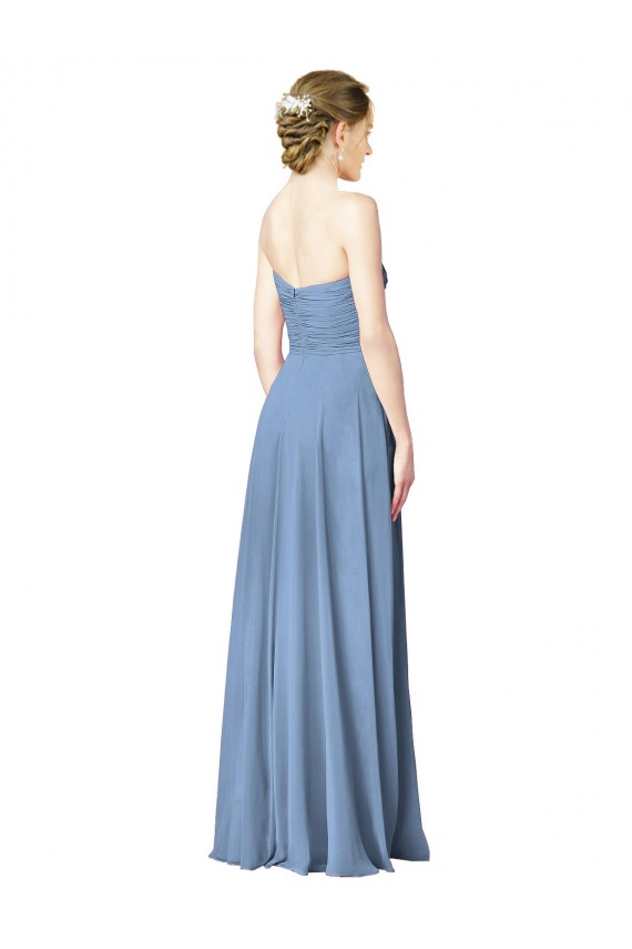 Low Back Dusty Blue Chiffon Sweetheart Long Sleeveless Wedding Party Dress Norwich