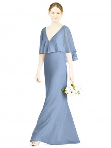 Dusty Blue Soft Chiffon V-Neck Long Sleeveless Bridesmaid Dress Norwich