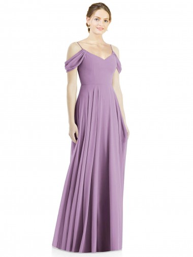 Low Back Dark Lavender Soft Chiffon Off the Shoulder Long Sleeveless Semi Formal Evening Dress / Bridesmaid Dress Norwich