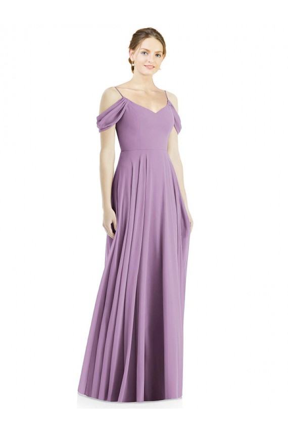 Low Back Dark Lavender Soft Chiffon Off the Shoulder Long Sleeveless Semi Formal Evening Dress / Bridesmaid Dress Norwich