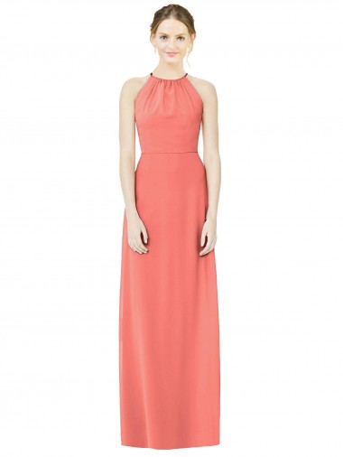 Keyhole Back Coral Soft Chiffon Halter Neck Long Sleeveless Bridesmaid Dress Norwich