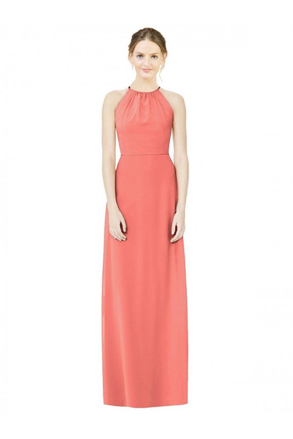 Keyhole Back Coral Soft Chiffon Halter Neck Long Sleeveless Bridesmaid Dress Norwich