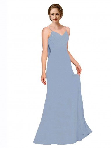 Dusty Blue Chiffon Spaghetti Straps Long Sleeveless Bridesmaid Dress / Evening Dress Norwich