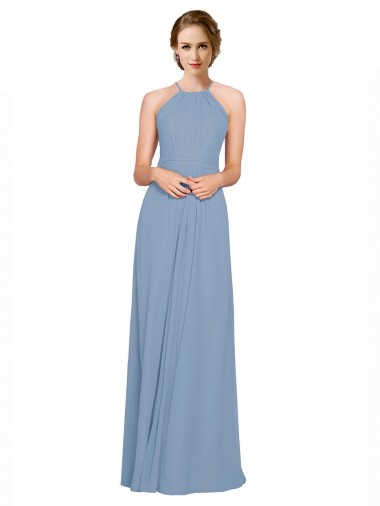 Open Back Dusty Blue Chiffon Halter Neck Long Sleeveless Bridesmaid Dress / Evening Dress Norwich