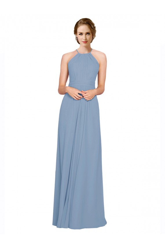 Open Back Dusty Blue Chiffon Halter Neck Long Sleeveless Bridesmaid Dress / Evening Dress Norwich
