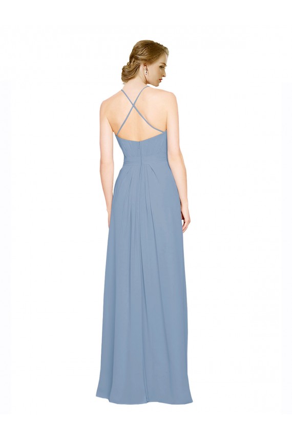 Open Back Dusty Blue Chiffon Halter Neck Long Sleeveless Bridesmaid Dress / Evening Dress Norwich