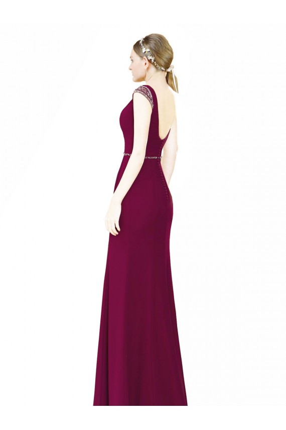Low Back Burgundy Soft Chiffon Boat Neck Long Sleeveless Bridesmaid Dress Norwich