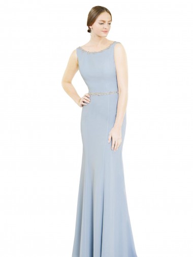 Low Back Light Sky Blue Soft Chiffon Boat Neck Long Sleeveless Bridesmaid Dress Norwich